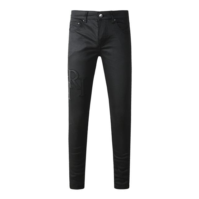 #8918 Amir* Men Solid Black Skinny Jeans, 3D Embossed Side Letter Logo Stretch Slim Fit Denim Pants