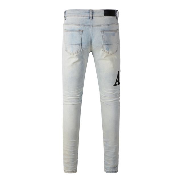 #650 Amir* Men Pale Bleach Wash Letter Print Ripped Skinny Stretch Distressed Denim Jeans