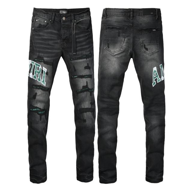 #8951 Amir* Men Black Whisker Wash Green White Letter Logo Green Fabric Patch Ripped Skinny Stretch Distressed Denim Jeans