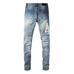 #8938 Amir* Men Medium Blue Wash Cream White Big Side Letter Logo Ripped Skinny Stretch Denim Jeans