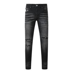 #8924 Amir* Men Black Whisker Wash Bandana Print Fabric Patch Ripped Skinny Stretch Distressed Denim Jeans