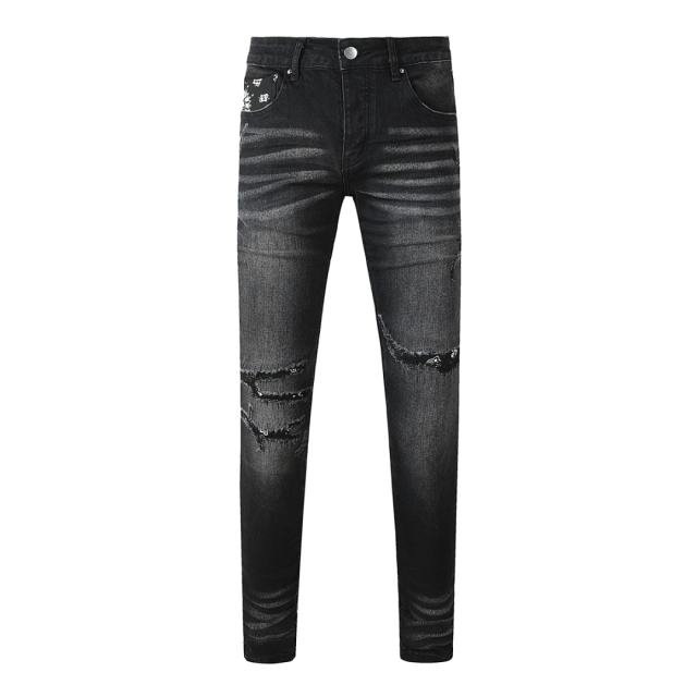 #8924 Amir* Men Black Whisker Wash Bandana Print Fabric Patch Ripped Skinny Stretch Distressed Denim Jeans