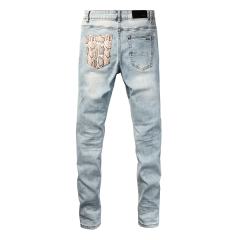 #8954 Amir* Men Light Vintage Wash Snake Print Fabric Patch Ripped Skinny Stretch Distressed Denim Jeans