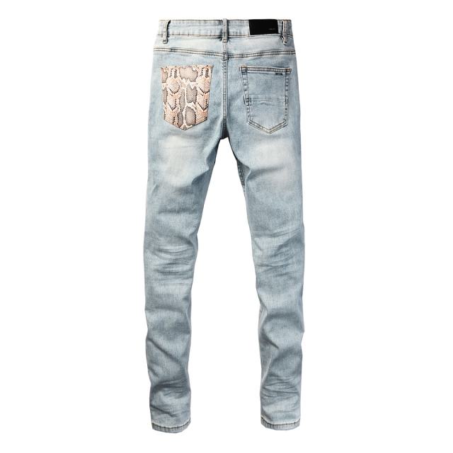 #8954 Amir* Men Light Vintage Wash Snake Print Fabric Patch Ripped Skinny Stretch Distressed Denim Jeans