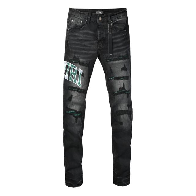 #8951 Amir* Men Black Whisker Wash Green White Letter Logo Green Fabric Patch Ripped Skinny Stretch Distressed Denim Jeans