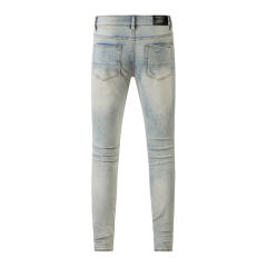 #8601 Amir* Men Light Wash White Shredded Patch Ripped Skinny Stretch Distressed Denim Jeans