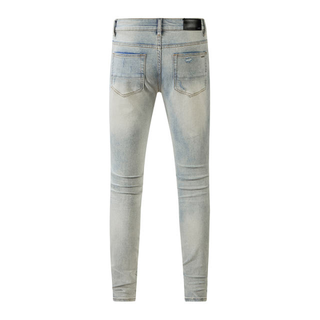 #8601 Amir* Men Light Wash White Shredded Patch Ripped Skinny Stretch Distressed Denim Jeans