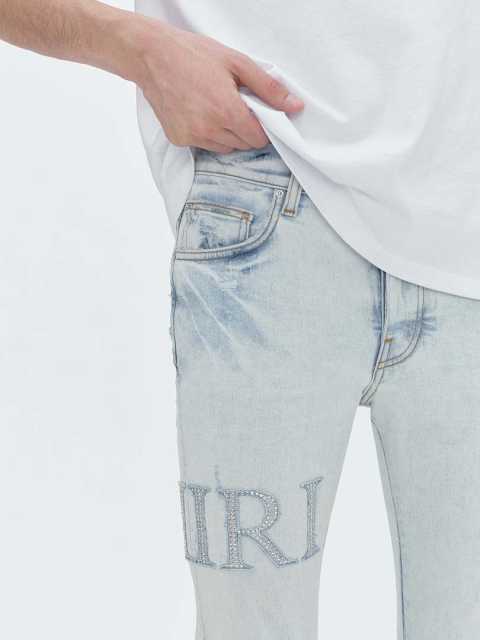 #8818 Amir* Men Pale Light Wash Rhinestone Letter Mesh Patch Ripped Skinny Stretch Denim Jeans