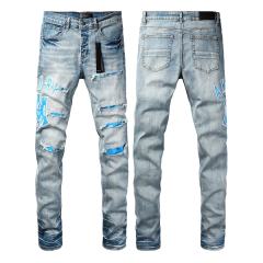 #8948 Amir* Men Light Vintage Wash Blue Letter Logo Blue Fabric Patch Ripped Skinny Stretch Distressed Denim Jeans
