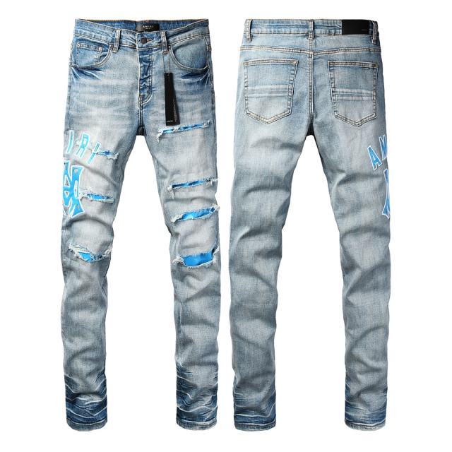 #8948 Amir* Men Light Vintage Wash Blue Letter Logo Blue Fabric Patch Ripped Skinny Stretch Distressed Denim Jeans