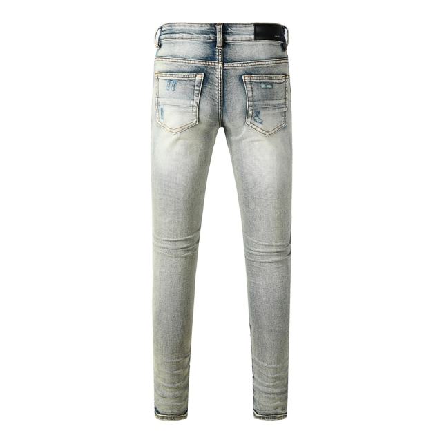#8929 Amir* Men Light Vintage Wash Stacked Ripped Skinny Jeans, Bandana Print Knee Patch Stretch Slim Denim Pants