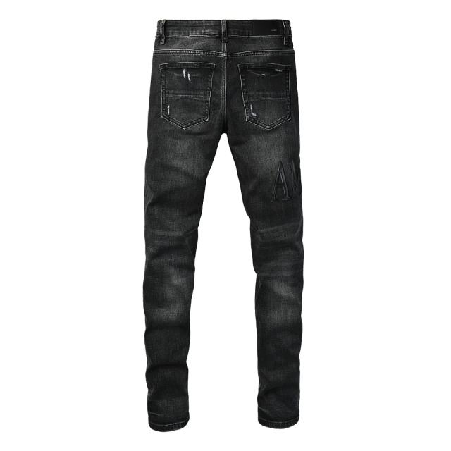 #8950 Amir* Men Black Whisker Wash Black Letter Logo White Frayed Rip Ripped Skinny Stretch Distressed Denim Jeans