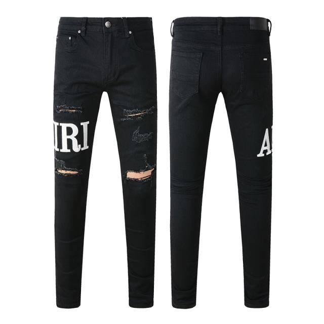 #649 Amir* Men Black Letter Print Ripped Skinny Stretch Distressed Denim Jeans