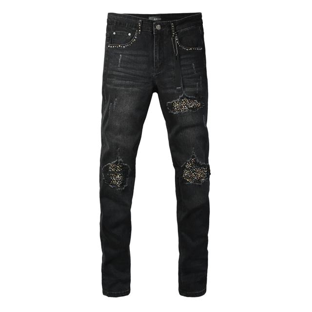 #8946 Amir* Men Black Whisker Wash Multicolor Rhinestone Stud Patch Ripped Skinny Stretch Distressed Denim Jeans