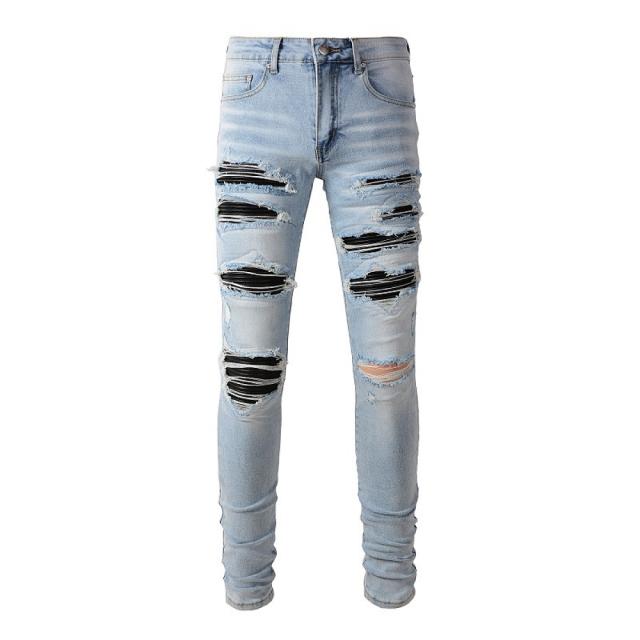 #808 Amir* Men Light Wash Black Ribbed Patch Ripped Skinny Stretch Distressed Denim Jeans