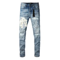 #8938 Amir* Men Medium Blue Wash Cream White Big Side Letter Logo Ripped Skinny Stretch Denim Jeans
