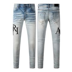 #8910 Amir* Men Light Gradient Wash Skinny Jeans, Black Embroidered Side Letter Logo Stretch Slim Denim Pants