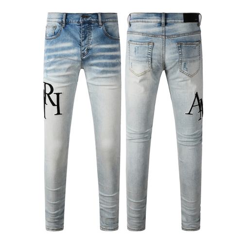 #8910 Amir* Men Light Gradient Wash Skinny Jeans, Black Embroidered Side Letter Logo Stretch Slim Denim Pants