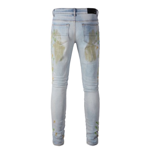 #8820 Amir* Men Light Wash Color Paint Splatter Ripped Skinny Stretch Denim Jeans