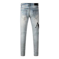 #8910 Amir* Men Light Gradient Wash Skinny Jeans, Black Embroidered Side Letter Logo Stretch Slim Denim Pants