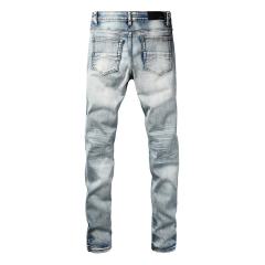 #8944 Amir* Men Light Vintage Wash Vertical Blue Embroidered Letter Black Mesh Patch Ripped Skinny Stretch Denim Jeans