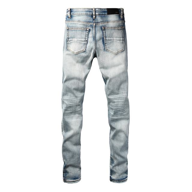 #8944 Amir* Men Light Vintage Wash Vertical Blue Embroidered Letter Black Mesh Patch Ripped Skinny Stretch Denim Jeans