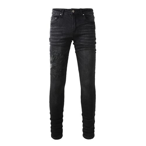#1312 Amir* Men Black Whisker Wash Stacked Skinny Jeans, Embossed Crown Letter Logo Stretch Slim Denim Pants