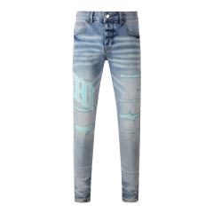 #8901 Amir* Men Light Blue Mint Green Letter Print Ripped Skinny Stretch Distressed Denim Jeans