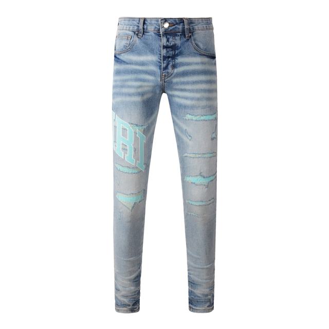 #8901 Amir* Men Light Blue Mint Green Letter Print Ripped Skinny Stretch Distressed Denim Jeans