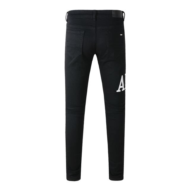 #649 Amir* Men Black Letter Print Ripped Skinny Stretch Distressed Denim Jeans