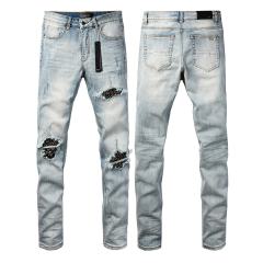 #8945 Amir* Men Light Vintage Wash Black Rhinestone Stud Patch Ripped Skinny Stretch Distressed Denim Jeans