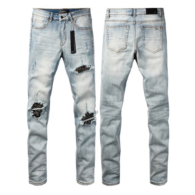#8945 Amir* Men Light Vintage Wash Black Rhinestone Stud Patch Ripped Skinny Stretch Distressed Denim Jeans