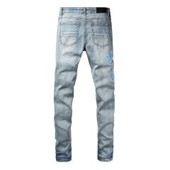 #8948 Amir* Men Light Vintage Wash Blue Letter Logo Blue Fabric Patch Ripped Skinny Stretch Distressed Denim Jeans