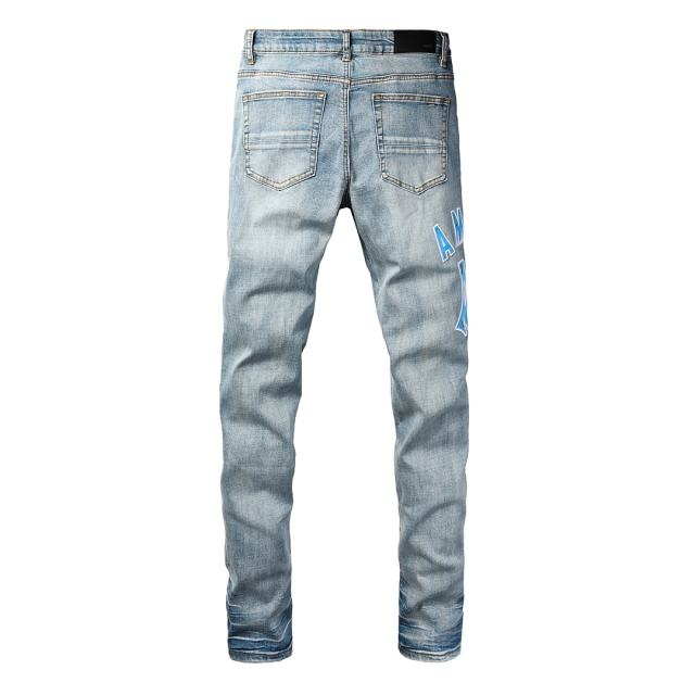 #8948 Amir* Men Light Vintage Wash Blue Letter Logo Blue Fabric Patch Ripped Skinny Stretch Distressed Denim Jeans