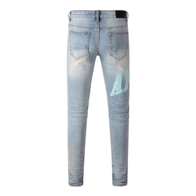 #8901 Amir* Men Light Blue Mint Green Letter Print Ripped Skinny Stretch Distressed Denim Jeans
