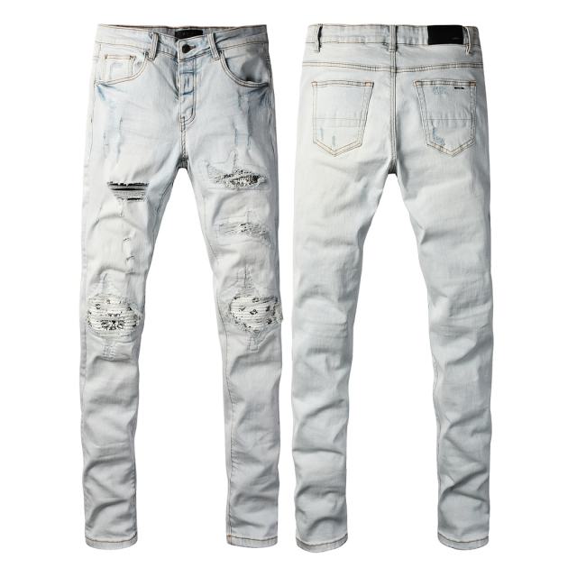 #8939 Amir* Men Pale Light Wash Leopard Print Mesh Patch Ripped Skinny Stretch Distressed Denim Jeans