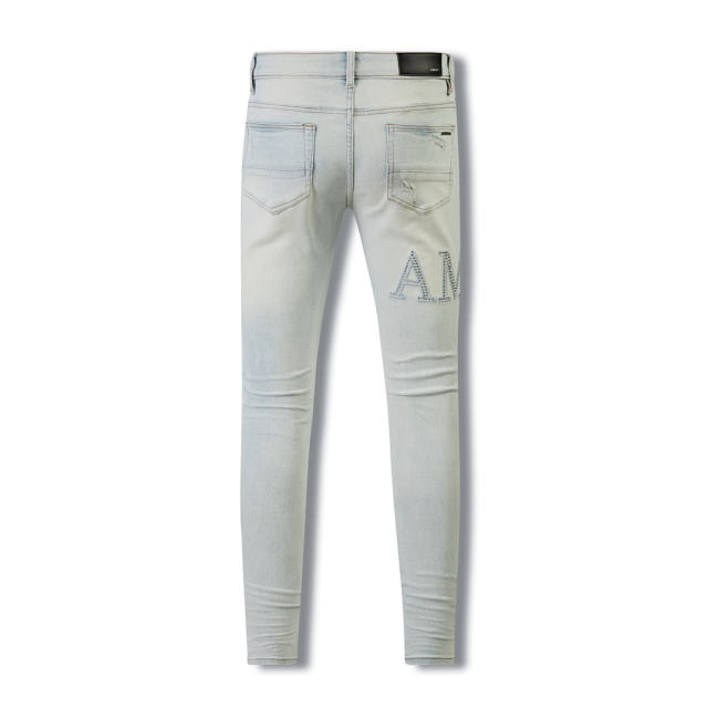 #8818 Amir* Men Pale Light Wash Rhinestone Letter Mesh Patch Ripped Skinny Stretch Denim Jeans