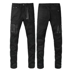 #8947 Amir* Men Black Whisker Wash White Outline Embroidered Letter Logo Ripped Skinny Stretch Distressed Denim Jeans