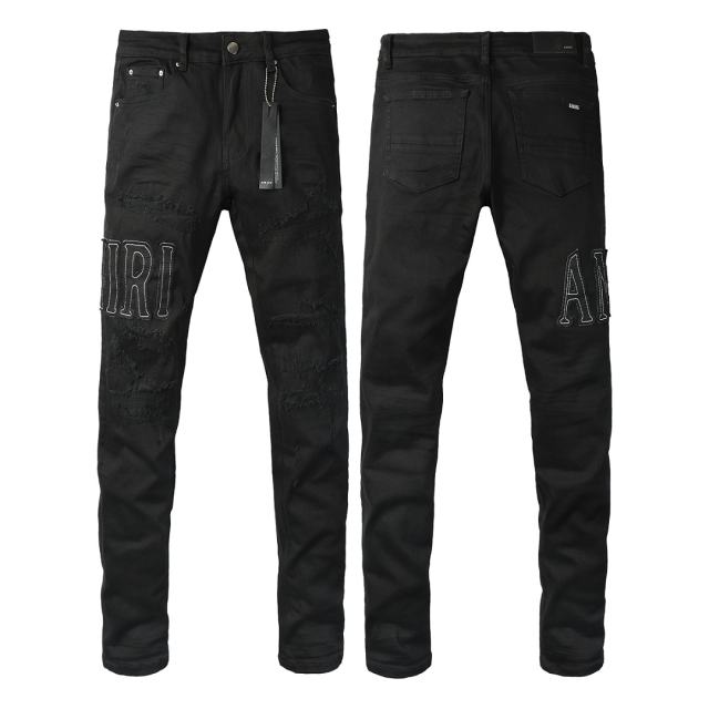 #8947 Amir* Men Black Whisker Wash White Outline Embroidered Letter Logo Ripped Skinny Stretch Distressed Denim Jeans