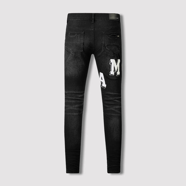 #8815 Amir* Men Black White Letter Print Ripped Skinny Stretch Distressed Denim Jeans