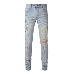 #8820 Amir* Men Light Wash Color Paint Splatter Ripped Skinny Stretch Denim Jeans
