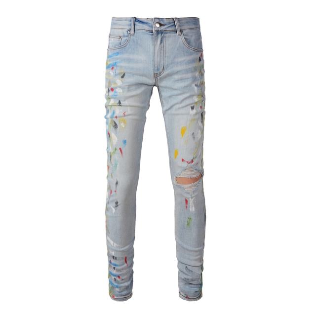 #8820 Amir* Men Light Wash Color Paint Splatter Ripped Skinny Stretch Denim Jeans