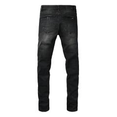 #8942 Amir* Men Black Whisker Wash Camo Mesh Patch Ripped Skinny Stretch Distressed Denim Jeans