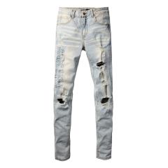 #697 Amir* Men Light Wash Vertical Embroidery Letter Ripped Skinny Stretch Distressed Denim Jeans