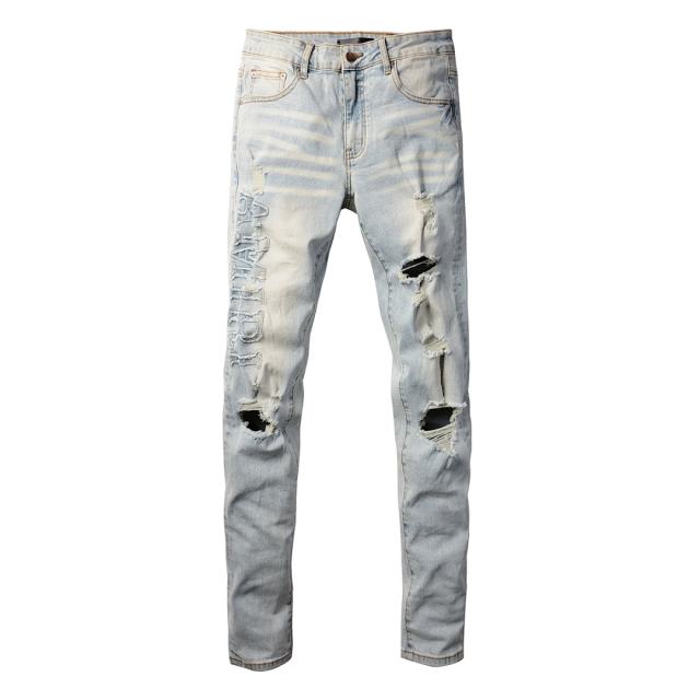 #697 Amir* Men Light Wash Vertical Embroidery Letter Ripped Skinny Stretch Distressed Denim Jeans