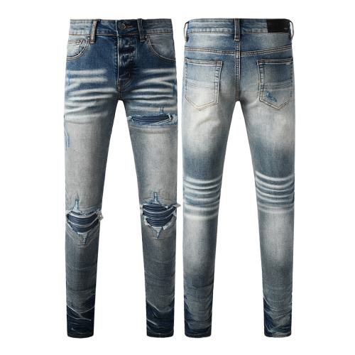 #8926 Amir* Men Gradient Blue Wash Stacked Ripped Skinny Jeans, Multi-Layer Blue Knee Patch Stretch Slim Denim Pants