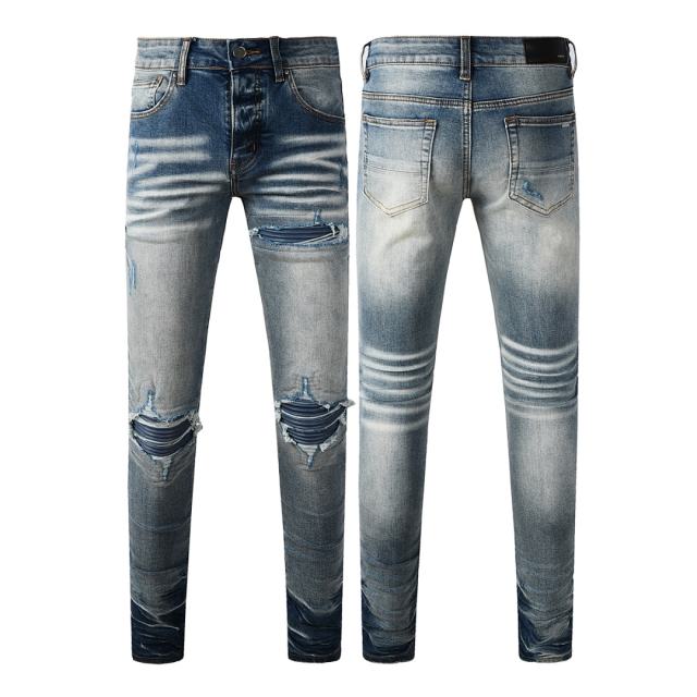 #8926 Amir* Men Gradient Blue Wash Stacked Ripped Skinny Jeans, Multi-Layer Blue Knee Patch Stretch Slim Denim Pants