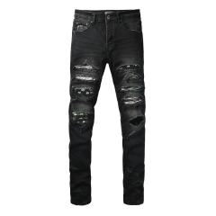#8942 Amir* Men Black Whisker Wash Camo Mesh Patch Ripped Skinny Stretch Distressed Denim Jeans