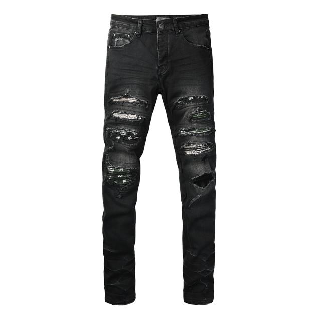 #8942 Amir* Men Black Whisker Wash Camo Mesh Patch Ripped Skinny Stretch Distressed Denim Jeans