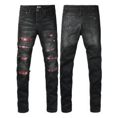 #8941 Amir* Men Black Whisker Wash Red Plaid Tartan Patch Ripped Skinny Stretch Distressed Denim Jeans